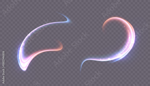 Futuristic light trails gracefully swirling and producing sparkling particle effects, portraying movement, speed, and abstract energy on a transparent background