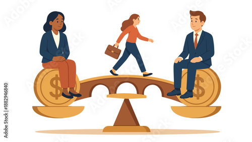 A woman balances work and finance while a man and another woman consider the scales of money and career.