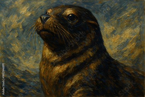 Expressive oil painting portrait of a seal in a classical artistic style.