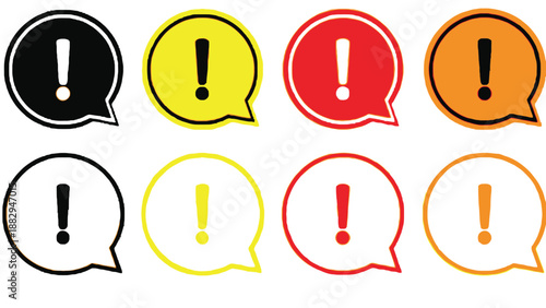A collection of colorful exclamation mark icons in speech bubbles