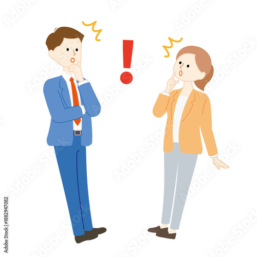 大きなびっくりマークに驚く男女のビジネスイラスト