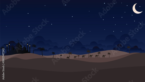 Peaceful Islamic Desert Landscape with Arabian Night Desert Caravan with Mosque Under Moonlight Lanterns, for festival, banner, greeting card design.