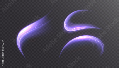 Glowing pink-violet light swooshes with soft blue tint on transparent background. Curved motion trails with ring and arc elements for dynamic effects and modern interfaces.	