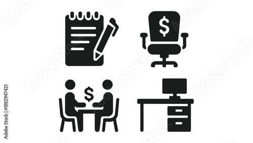 A graphic illustration of business and office concepts with money and work symbols