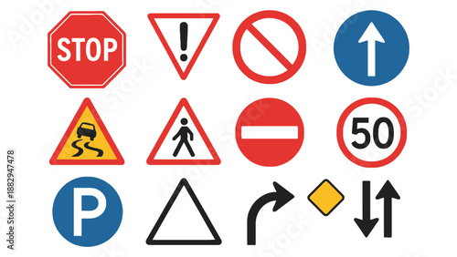 A collection of various road signs on a white background for traffic guidance