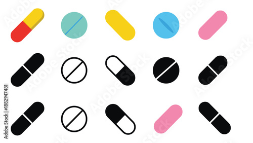 A collection of colorful and black and white pill icons on a clean background