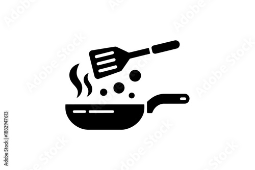Cooking icon with spatula and frying pan in black