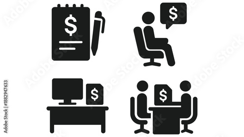 A graphic illustration of business people working with money and computers in office.