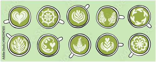 matcha latte art illustration set – green tea cup top view vector
