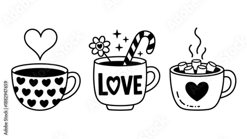 Three Cute Coffee Cups with Hearts and Holiday Decorations