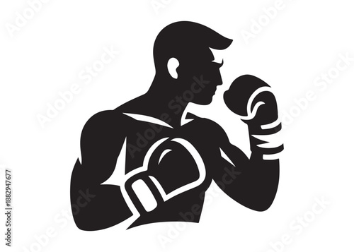 boxing logo silhouette vector, boxer logo silhouette illustration, boxing gloves logo vector, kick boxing silhouette logo vector design, boxing fighter man logo vector silhouette on white background