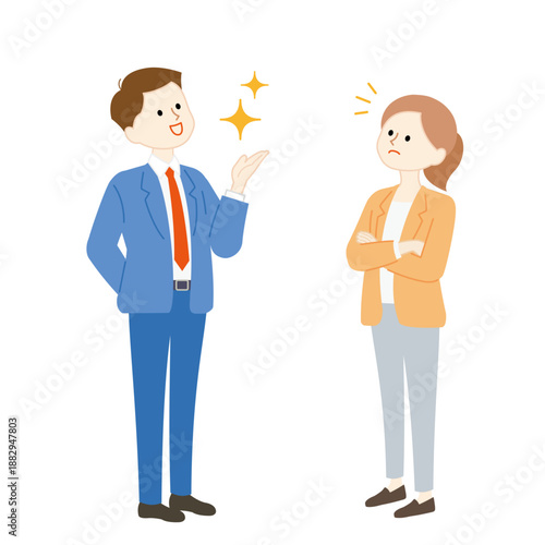 提案を説明する男性と気づきを得る女性のビジネスイラスト