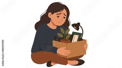 Upset young woman holds box of belongings after losing her job, feeling sad and distressed.