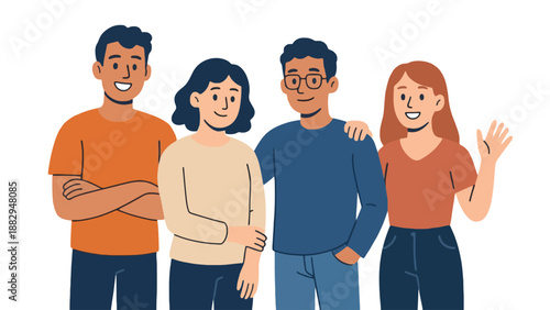 A diverse group of four friends standing together and smiling in a casual setting