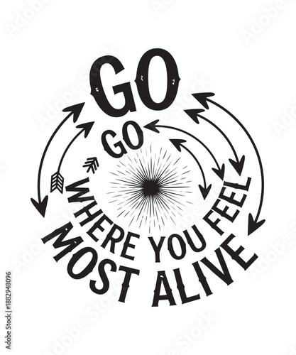 Circular black and white motivational text with arrows