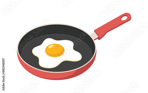 Fried Egg in Red Pan Isolated on Transparent Background