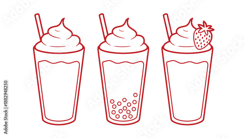 A line drawing of three milkshakes with different toppings on a white background