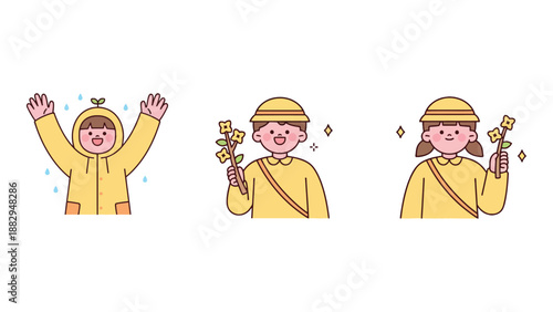 A cartoon character in a yellow outfit holding flowers and celebrating