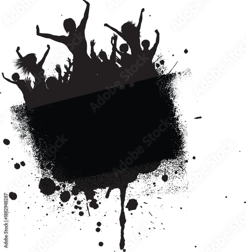 Abstract vector illustration of a black ink splash and grunge paint splatter design featuring a dirty brush texture with spray droplets and an artistic blot element on a white background