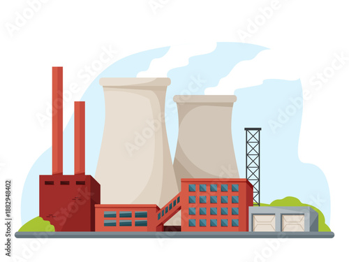 Industrial factory complex with chimneys, cooling towers, and buildings in flat cartoon style on white background. Concept of energy production. Vector illustration