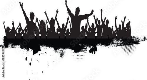 Abstract grunge vector banner featuring a crowd silhouette of people dancing at a music festival celebration with splashes on a club stage