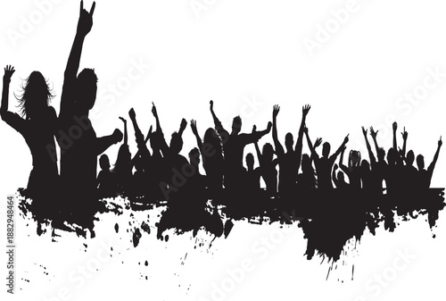 Vector illustration of a cheering crowd silhouette dancing at a grunge music concert party with a black abstract background design