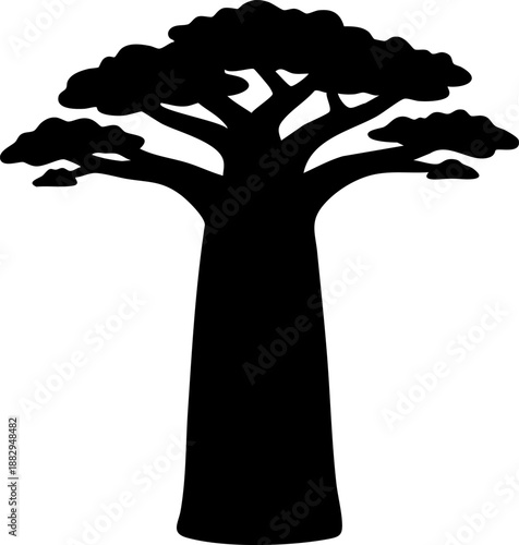 African Baobab tree with thick swollen trunk silhouette isolated on white background minimalist savanna and nature illustration