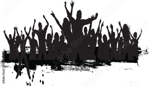 Abstract grunge background with vector ink splats featuring a black silhouette crowd of people dancing and cheering at a music concert celebration