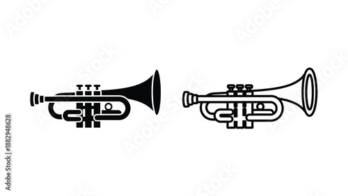 a black and white illustration featuring two musical brass trumpets side by side