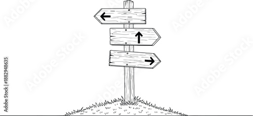 A directional signpost with multiple arrows pointing different ways on a simple landscape
