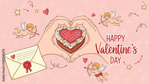 hands forming a heart around a cake cupid and valentine s day themed elements