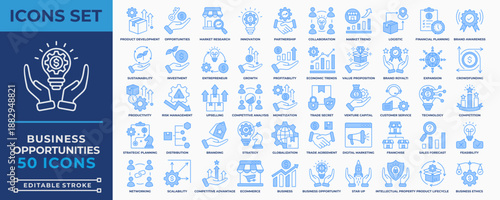 Business Opportunities icon set vector illustration. With product development, innovation, investment, partnership, sustainability, market research, strategy and growth icon. Editable stroke icons.