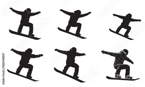 Collection of six snowboarder silhouettes in various dynamic poses.