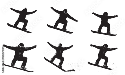 Six snowboarder silhouettes with one kicking up snow, white background.