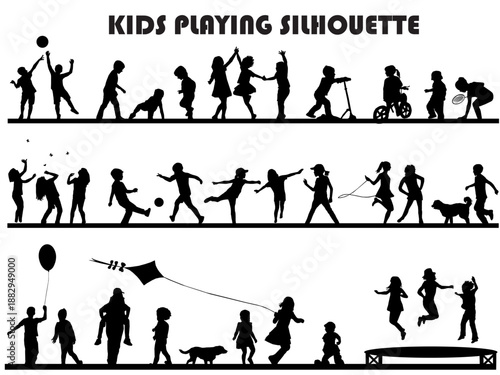 Kids silhouettes, children playing, jumping, running, group of kids silhouette , happy childhood outline, black ,active boys and girls, fun vector, young people shadow illustration, lifestyle design 