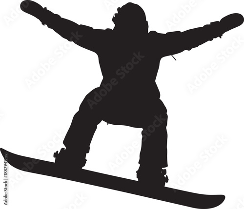 Full body silhouette of a snowboarder with arms outstretched, white background.
