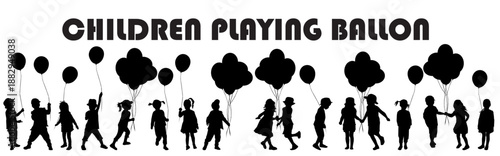 silhouette of a young children's with balloon , playing around