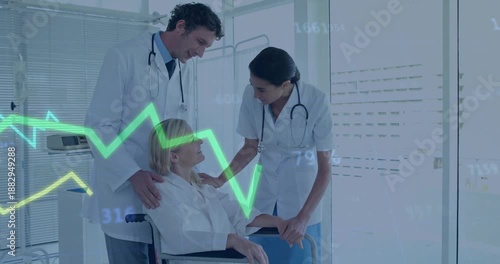 Doctor gripping wheelchair and wheeling patient in clinic, nurse comforting while graphs shifting