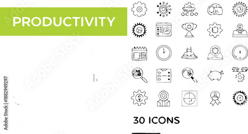 Productivity icons set with 30 black line style symbols for business and workflow optimization