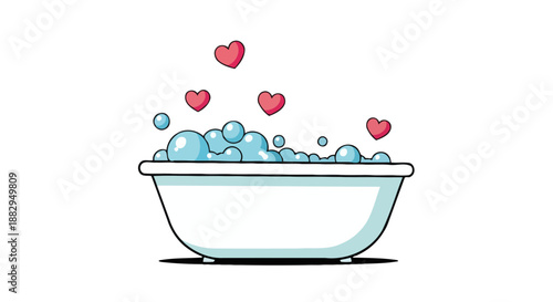 A white bathtub filled with overflowing bubbles and pink hearts floating above.