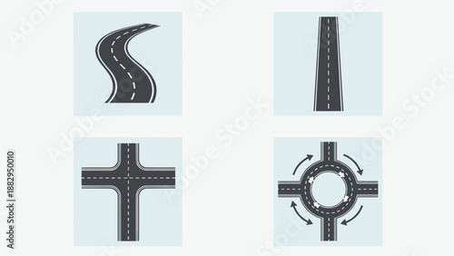 Road Maps Curves Straight Intersection Roundabout - Vector Graphics.