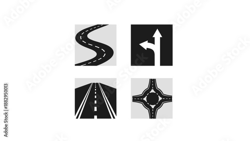 Road Icons Winding Intersection Straight Roundabout - Vector Graphics.