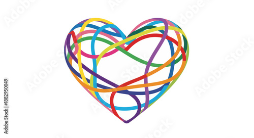 A vibrant heart shape formed by a tangle of colorful, interwoven ribbons against a white background.