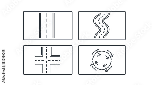 Road and Intersection Icons Straight Winding Crossroads Roundabout.