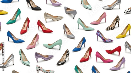 Seamless High-Fashion Pattern of Colorful Designer High Heels on Clean White Background