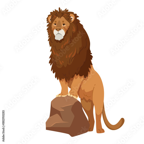 A proud lion with a voluminous mane standing on a rock, cartoon style, isolated on white background. Concept of wildlife, power, nature. Vector illustration