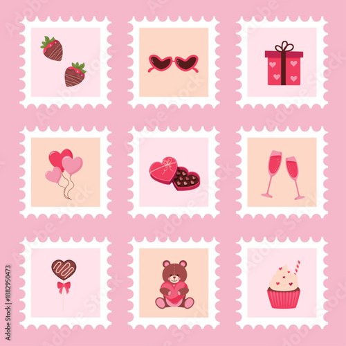 Set of Cute Stamps for Valentine's Day Vector Illustrations. 