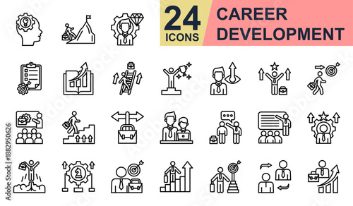 Career Development Icons set vector illustration. Containing Skill Development, Career Path, Talent Management, Job Promotion, Mentor and more. Simple line icons collection.