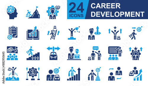 Career Development Icons set vector illustration. Containing Skill Development, Career Path, Talent Management, Job Promotion, Mentor and more. Simple solid icons collection.