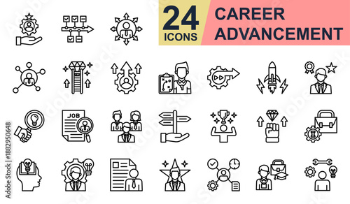 Career Advancement Icons set vector illustration. Containing Skill, Career Opportunity, Work Experience, Motivation, Internship and more. Simple line icons collection.